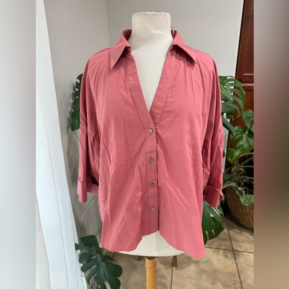 ZARA Oversized Poplin Blouse‎ XL – Deep V Button Front, Dusty Pink, NWT